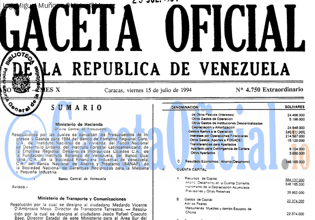 Gaceta Oficial 4750 del 15 Julio 1994