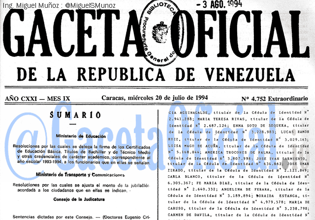 Gaceta Oficial 4752 del 20 Julio 1994