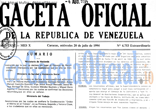Gaceta Oficial 4753 del 20 Julio 1994