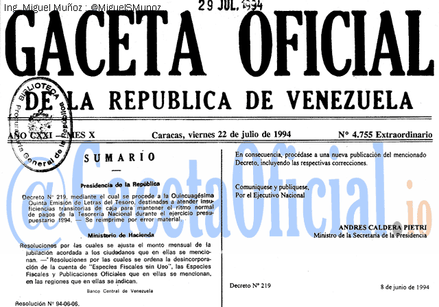 Gaceta Oficial 4755 del 22 Julio 1994