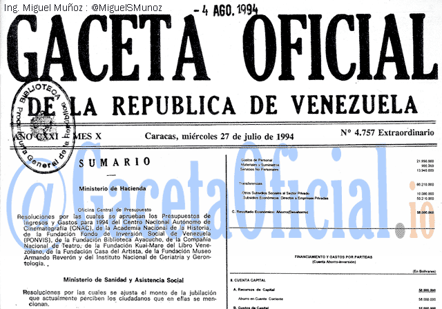 Gaceta Oficial 4757 del 27 Julio 1994