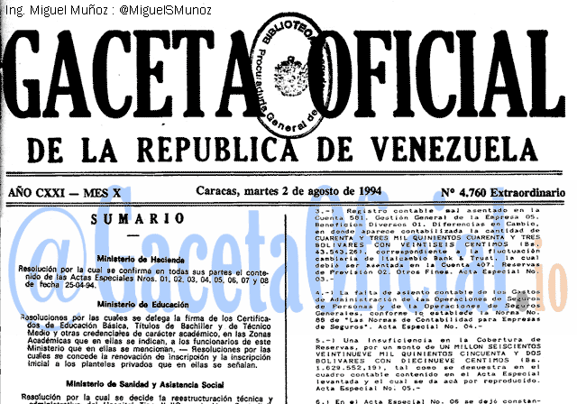 Gaceta Oficial 4760 del 2 Agosto 1994