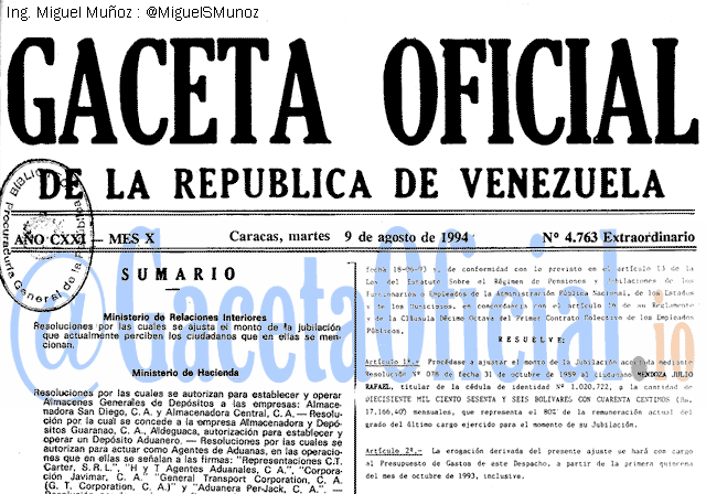 Gaceta Oficial 4763 del 9 Agosto 1994