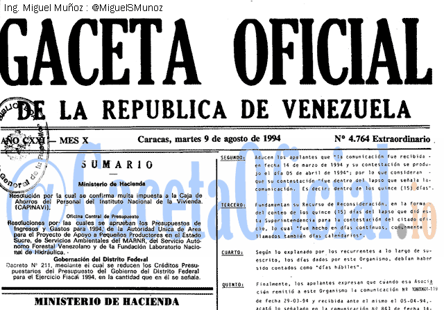 Gaceta Oficial 4764 del 9 Agosto 1994