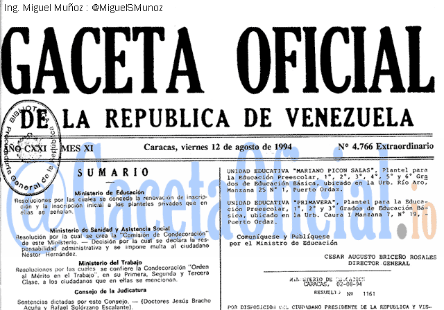 Gaceta Oficial 4766 del 12 Agosto 1994