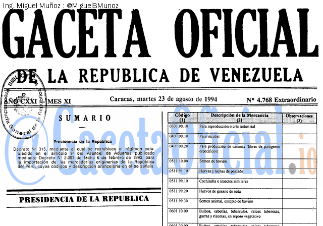 Gaceta Oficial 4768 del 23 Agosto 1994