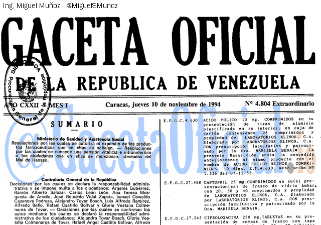 Gaceta Oficial 4804 del 10 Noviembre 1994