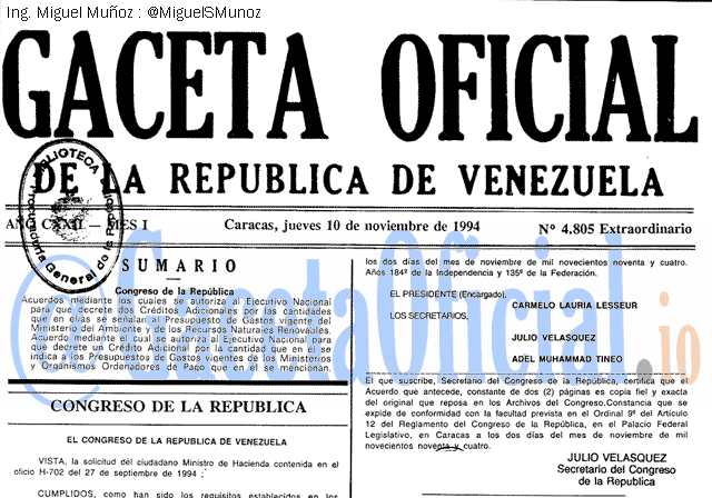 Gaceta Oficial 4805 del 10 Noviembre 1994