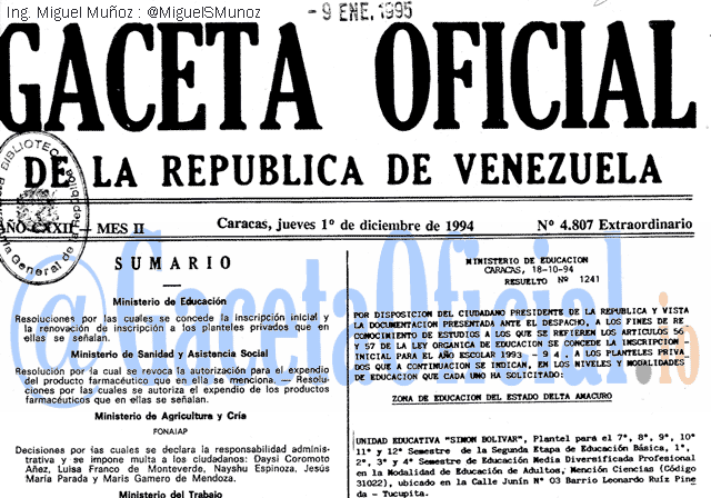 Gaceta Oficial 4807 del 1 Diciembre 1994