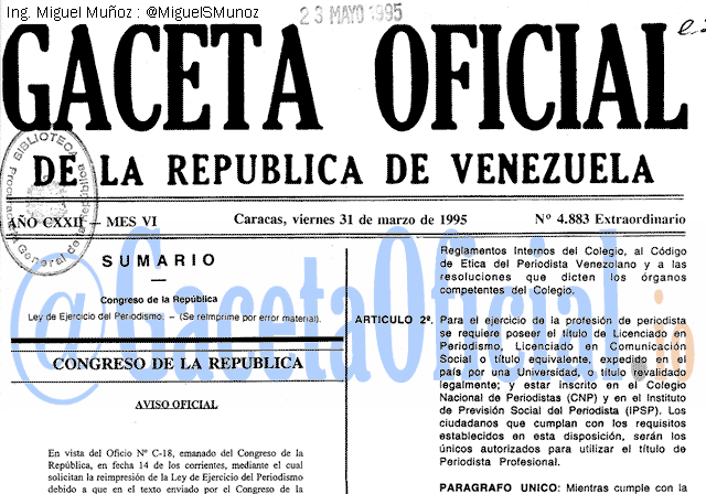 Gaceta Oficial 4883 del 31 Marzo 1995