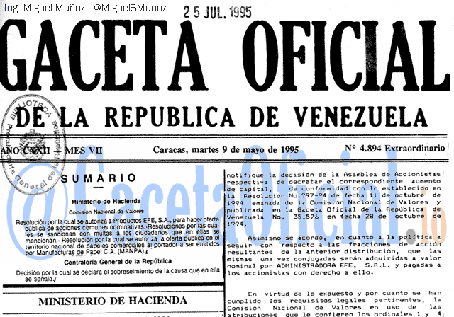 Gaceta Oficial 4894 del 9 Mayo 1995