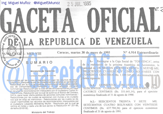 Gaceta Oficial 4914 del 30 Mayo 1995