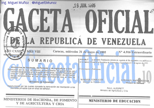 Gaceta Oficial 4916 del 31 Mayo 1995