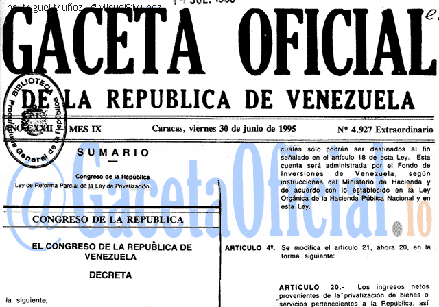 Gaceta Oficial 4927 del 30 Junio 1995
