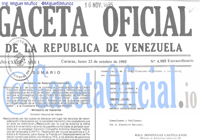 Gaceta Oficial 4989 del 23 Octubre 1995