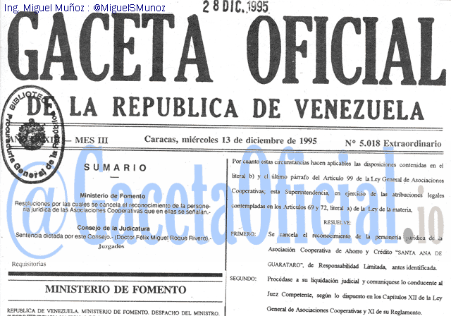 Gaceta Oficial 5018 del 13 Diciembre 1995