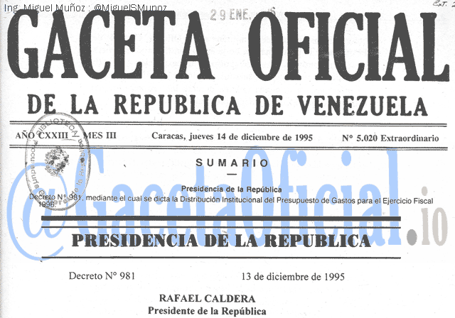 Gaceta Oficial 5020 del 14 Diciembre 1995