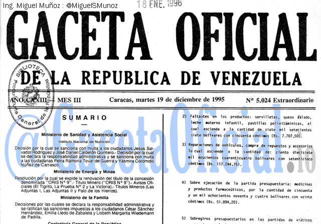 Gaceta Oficial 5024 del 19 Diciembre 1995