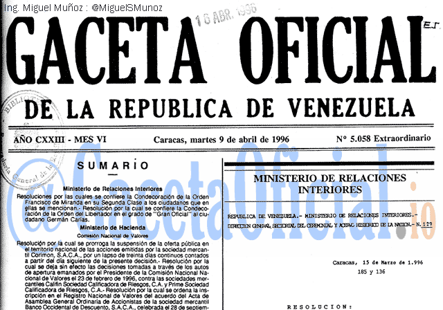 Gaceta Oficial 5058 del 9 Abril 1996