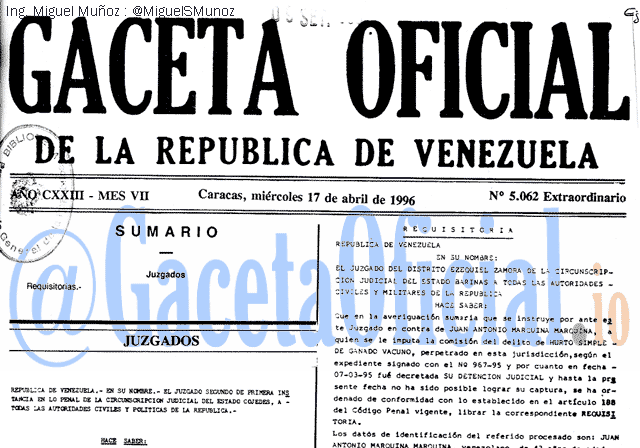 Gaceta Oficial 5062 del 17 Abril 1996