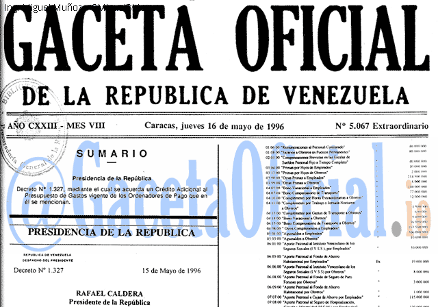 Gaceta Oficial 5067 del 16 Mayo 1996