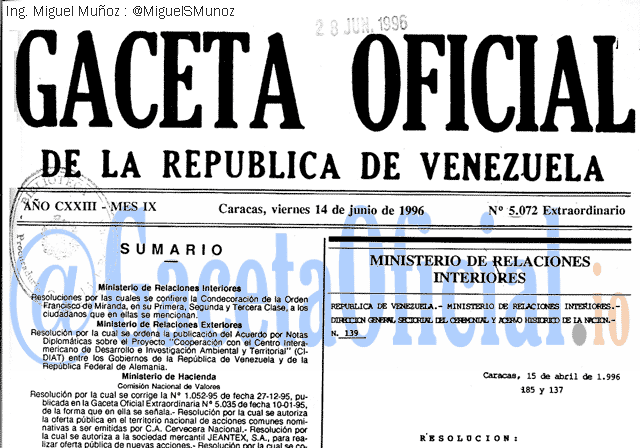 Gaceta Oficial 5072 del 14 Junio 1996