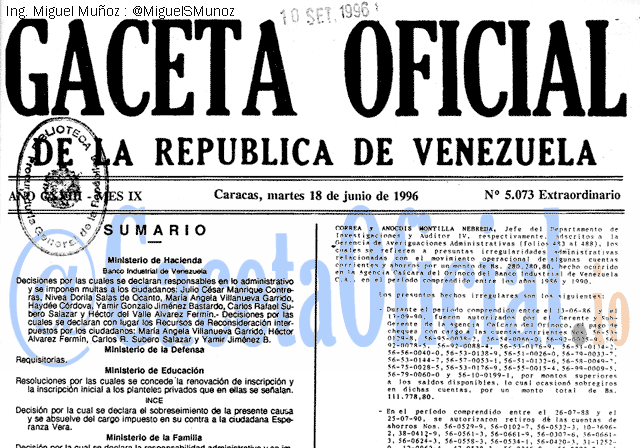 Gaceta Oficial 5073 del 18 Junio 1996