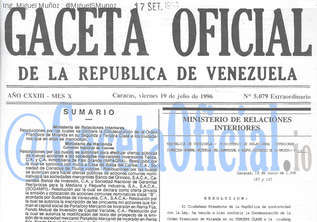Gaceta Oficial 5079 del 19 Julio 1996