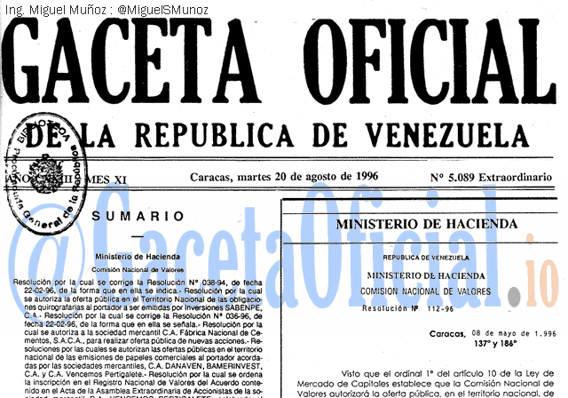 Gaceta Oficial 5089 del 20 Agosto 1996