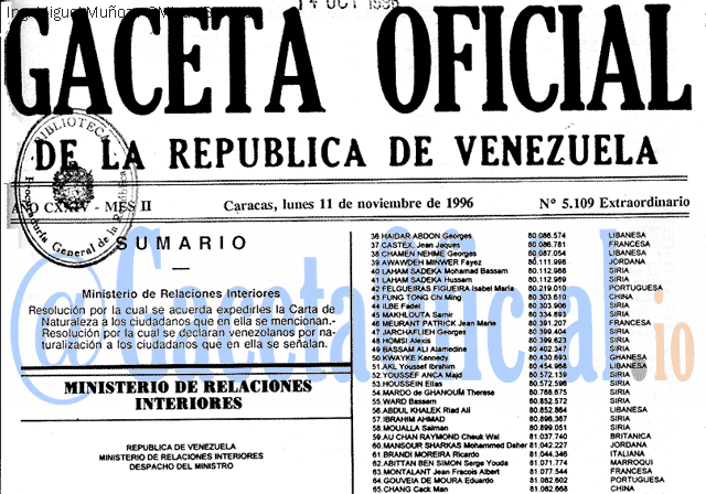 Gaceta Oficial 5109 del 11 Noviembre 1996