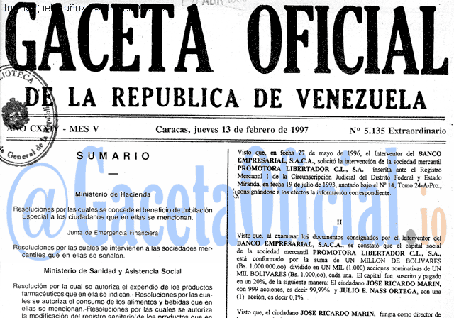 Gaceta Oficial 5135 del 13 Febrero 1997