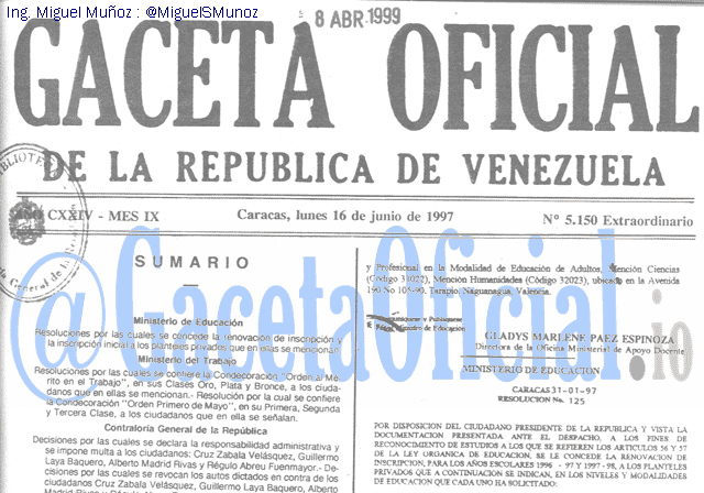 Gaceta Oficial 5150 del 16 Junio 1997
