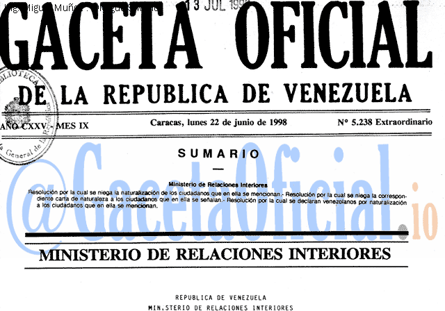 Gaceta Oficial 5238 del 22 Junio 1998