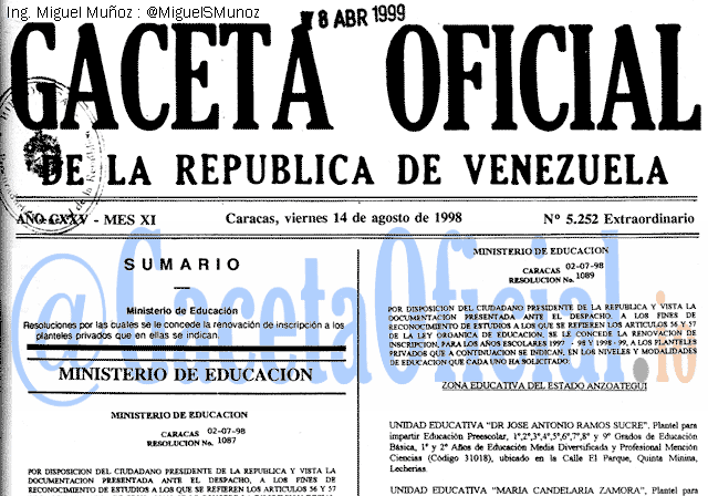 Gaceta Oficial 5252 del 14 Agosto 1998