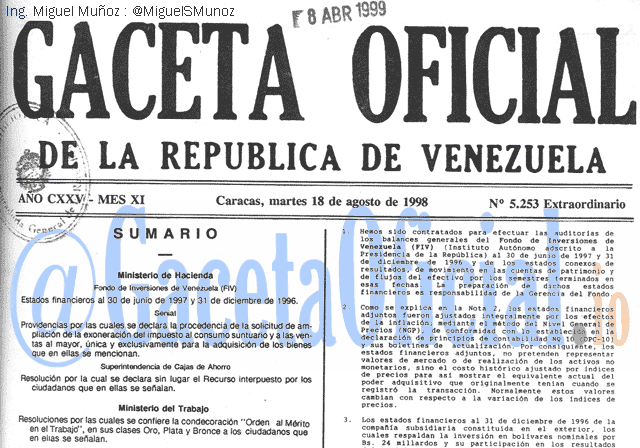 Gaceta Oficial 5253 del 18 Agosto 1998
