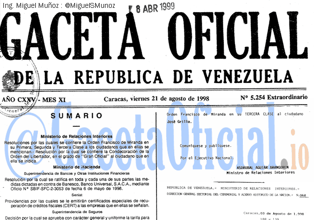 Gaceta Oficial 5254 del 21 Agosto 1998