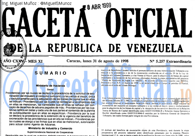 Gaceta Oficial 5257 del 31 Agosto 1998