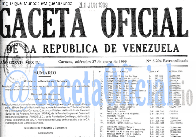 Gaceta Oficial 5294 del 27 Enero 1999