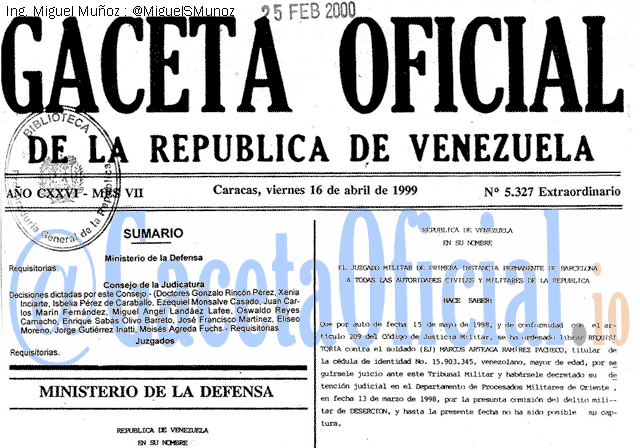 Gaceta Oficial 5327 del 16 Abril 1999