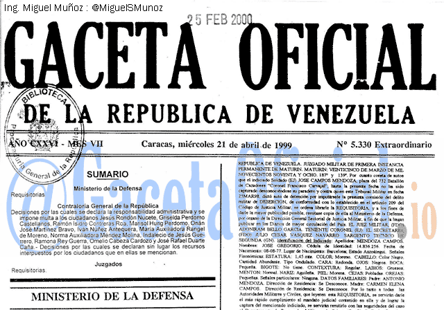 Gaceta Oficial 5330 del 21 Abril 1999
