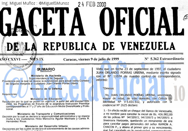 Gaceta Oficial 5362 del 9 Julio 1999