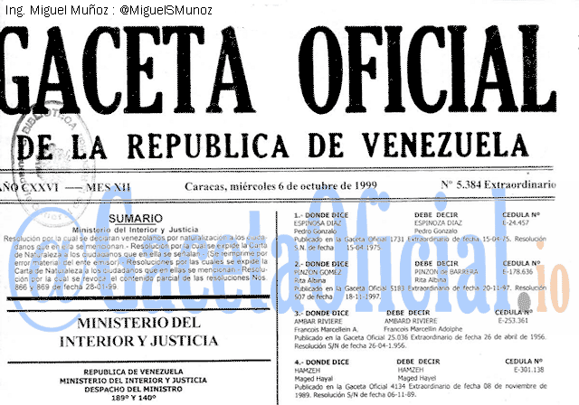 Gaceta Oficial 5384 del 6 Octubre 1999