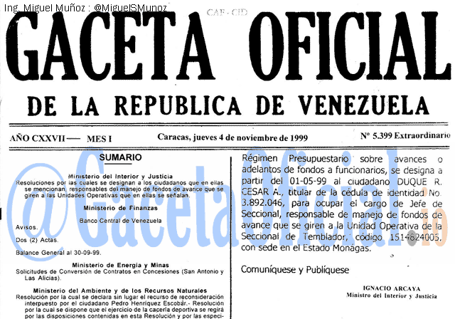 Gaceta Oficial 5399 del 4 Noviembre 1999