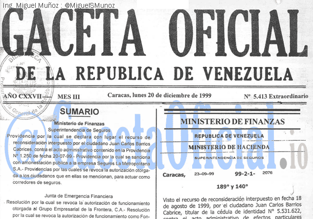 Gaceta Oficial 5413 del 20 Diciembre 1999