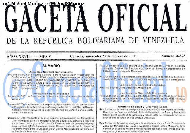 Gaceta Oficial 36898 del 23 Febrero 2000