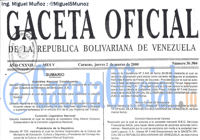 Gaceta Oficial 36904 del 2 Marzo 2000