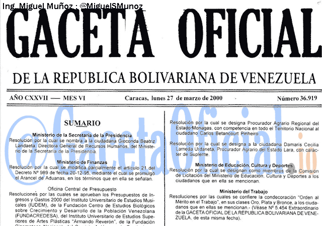 Gaceta Oficial 36919 del 27 Marzo 2000