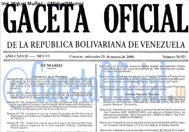 Gaceta Oficial 36921 del 29 Marzo 2000