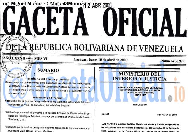 Gaceta Oficial 36929 del 10 Abril 2000