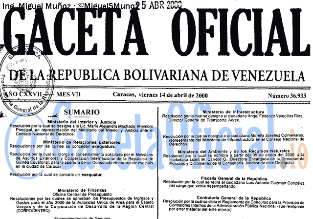 Gaceta Oficial 36933 del 14 Abril 2000